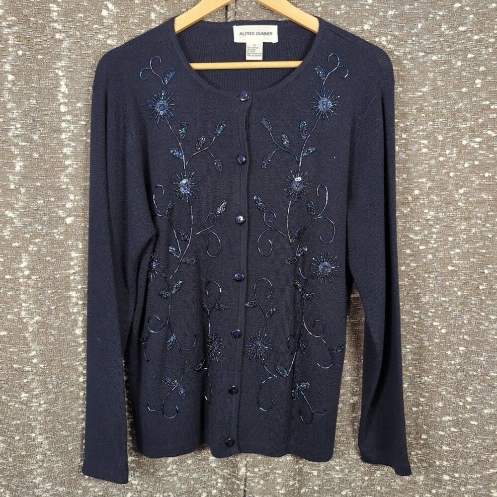 Vintage Alfred Dunner Blue Floral Beaded Cardigan Button Up‎ Women's Small